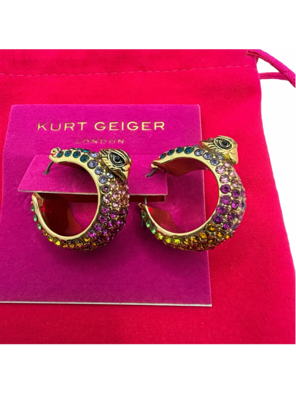 Kurt Geiger London Eagle Hoop Earrings Multicolor Crystal Gold Tone NWT